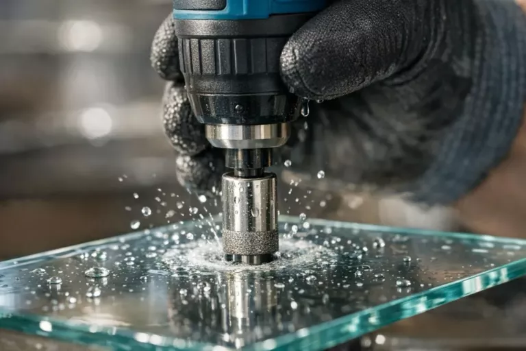 Trépan diamanté perçant une plaque de verre sous arrosage d’eau.
